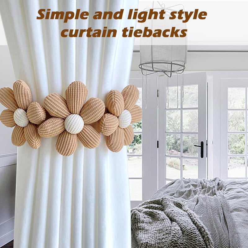 SRG Sunflower Curtain Tiebacks-2 Pack | Curtain Holdbacks with Three Flower | Curtain Tiebacks Boho | Japanese Curtain Ties | Cute Flower Curtain Ties Decorative for Bedroom Window Treatment （Khaki） - Image 2